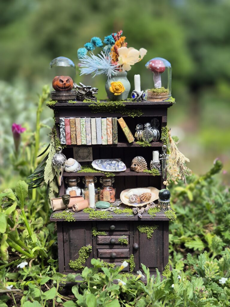 Fantasy witchy shelf, enchanted cabinet with magical details
