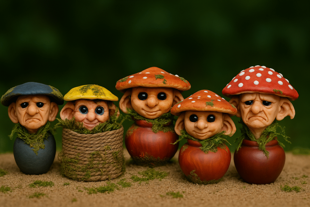 Several Shrumlets together, small mushroom creatures with moss and oversized caps. Fantasy forest spirits from the lore of Vhalandar, depicted as whimsical handmade figurines.