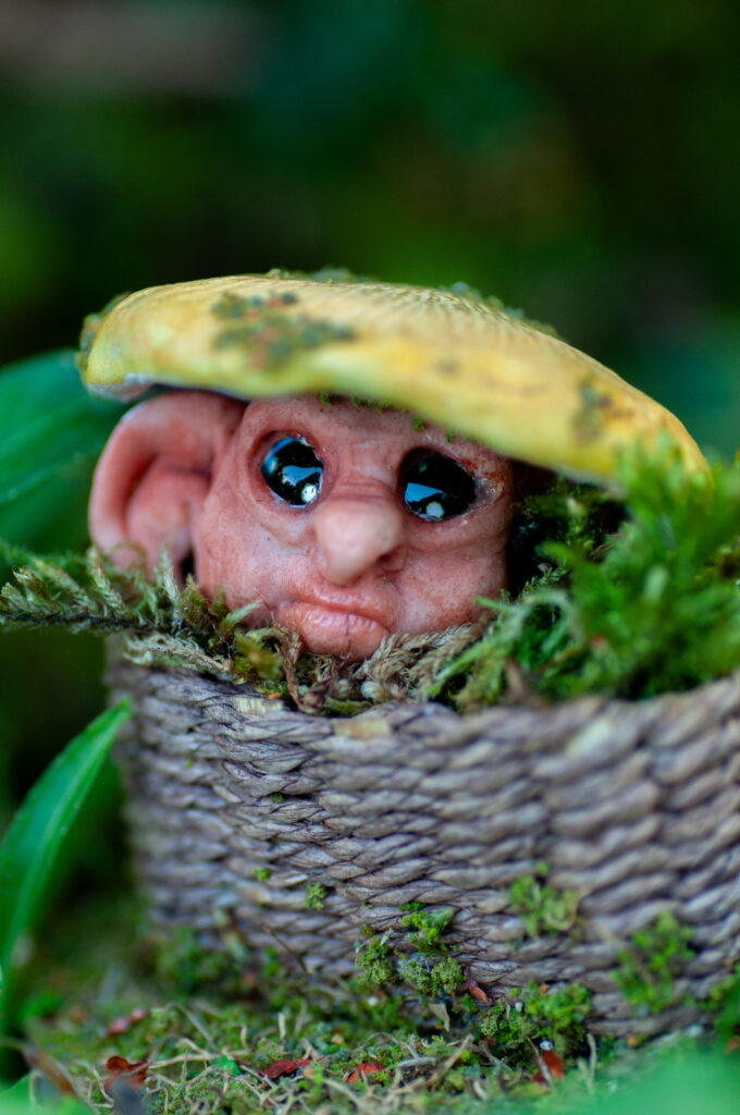 DSC_0042 OOAK polymer clay mushroom figurine, a Shrumlet with oversized cap and moss details. A magical fantasy creature from Vhalandar, displayed in miniature pot.