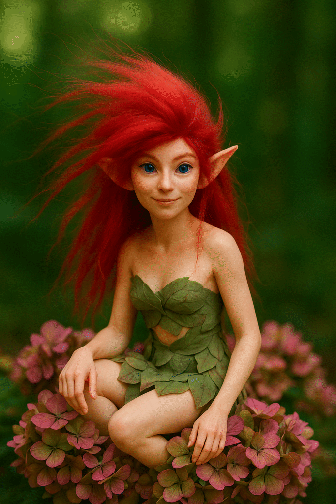 A handcrafted Nissri fairy figurine named Brynna, posed as if caught mid-dance, her body adorned with moss and dried petals. She stands amid softly lit woodland tones, her wild hair and bright expression evoking the free spirit of Thalorien’s forest canopy.