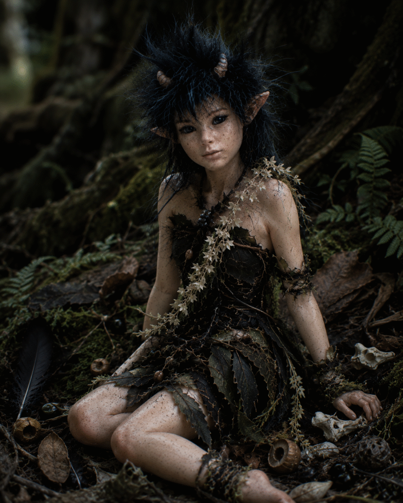 ChatGPT Image 17 mei 2026, 14_41_52 Ebony, a handmade gothic Nissri creature from Vhalandar, sitting among moss, leaves, bones and forest treasures, with dark wild hair, small horns, pointed ears and a black botanical outfit.